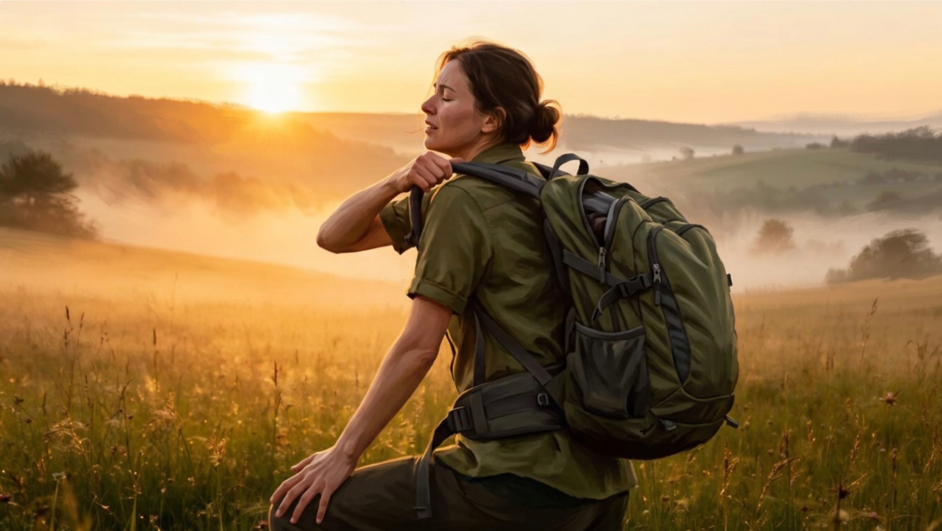 Frau bei Sonnenaufgang in goldenem Morgenlicht, kurz davor, einen schweren Rucksack abzulegen